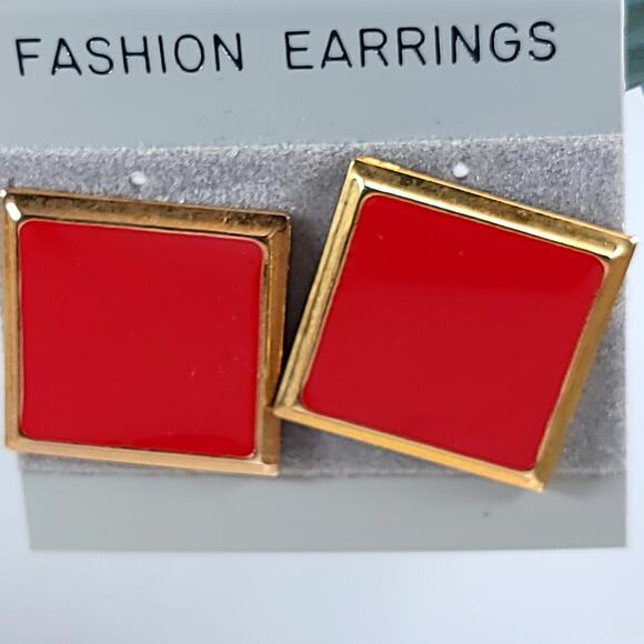 Red Square Stud Earrings with Gold Trim, Bold Retro Statement Jewelry for Women - Picture 1 of 10